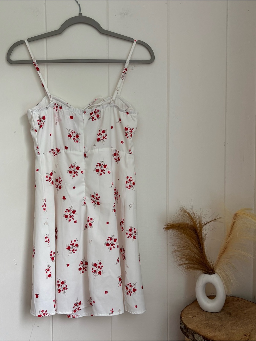 White Spaghetti Strap Mini Dress with Red Floral Print - Picture 6 of 6
